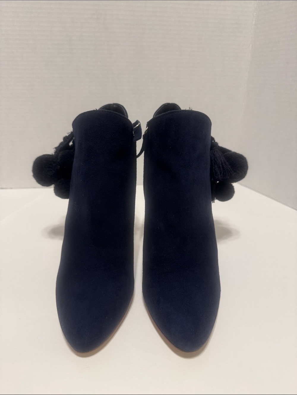 Zara Navy Suede Pointed Ankle Boots with Pom Tassels